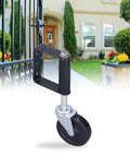 Rugged 4 Inch Heavy Duty Spring Loaded Gate Wheel Rolls Like A Dream With Stainless Steel Construction double ball bearings visible on gate.