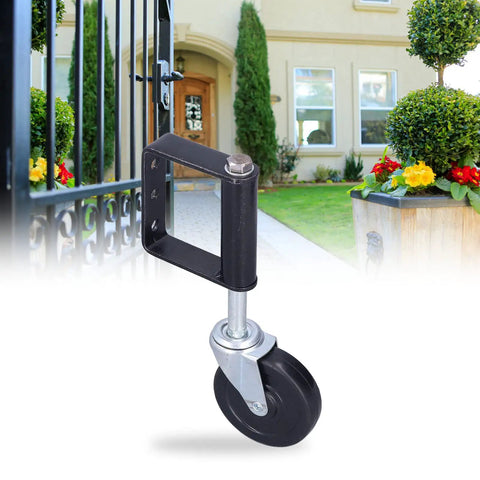 Rugged 4 Inch Heavy Duty Spring Loaded Gate Wheel Rolls Like A Dream With Stainless Steel Construction double ball bearings visible on gate.