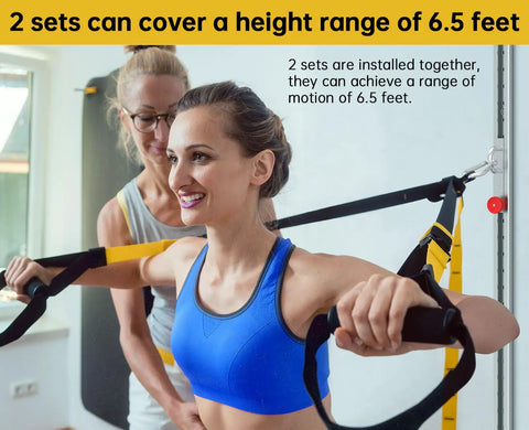 Two women using adjustable resistance band wall anchor; emphasizes height range of 6.5 feet for diverse workouts.
