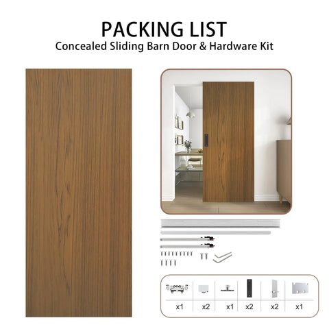 Slick Concealed Sliding Barn Door With Hella Soft Close Hardware Kit And Invisible Rail System For Badass Smooth Gliding Action Heavy Brown Wood Slab and parts layout.