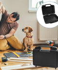 Top Shelf All Weather Badass Black Plastic Toolbox With Removable Storage Tray on floor during home repair.