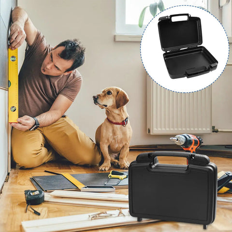 Top Shelf All Weather Badass Black Plastic Toolbox With Removable Storage Tray on floor during home repair.