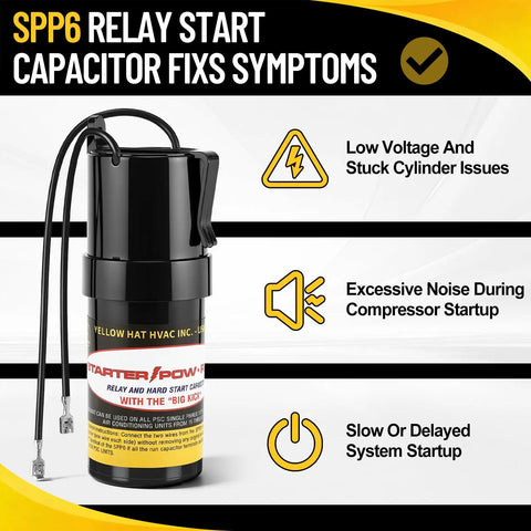 Heavy Duty Hard Start Capacitor Kit For Air Conditioners 115V To 288VAC, black capacitor with wires to resolve compressor issues.