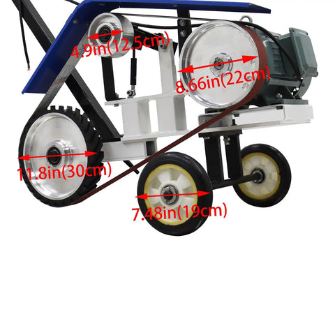Smooth Operator Portable Belt Grinder With Three Adjustable Sanding Belts For Knife Making Sharpening And Woodworking Polish 220V 4KW close-up showing wheel and motor dimensions.