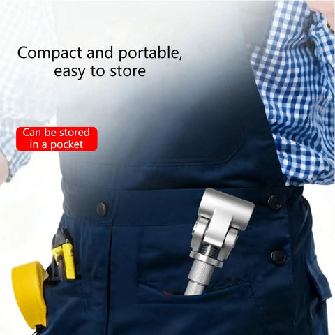 Adjustable Door Hinge Fixer for Entry and Bedroom Doors Drill Free No Damage Gap Fix Tool in a pocket of blue overalls