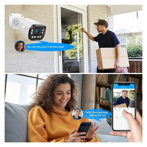 Rock Solid 16CH 4K Security Camera System With 5X Optical Zoom AI Auto Focus shows delivery interaction at the front door.