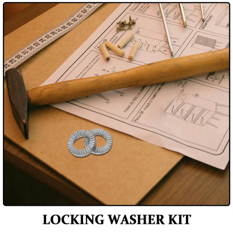 Heavy Duty Metal Wedge Locking Washers For Drum Rack Mounting Hardware And Cymbal Stand Secure Fasteners With Anti Loosening Gasket To Keep Your Rig Tight And Stop Loose Gear From Ruining A Killer Gig on a workbench with tools and instructions.