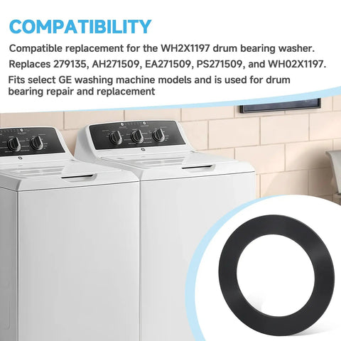 Heavy Duty Drum Bearing Washer Replacement For GE Top Load Washing Machines Smoother Than Butter Appliance Repair with compatibility details.