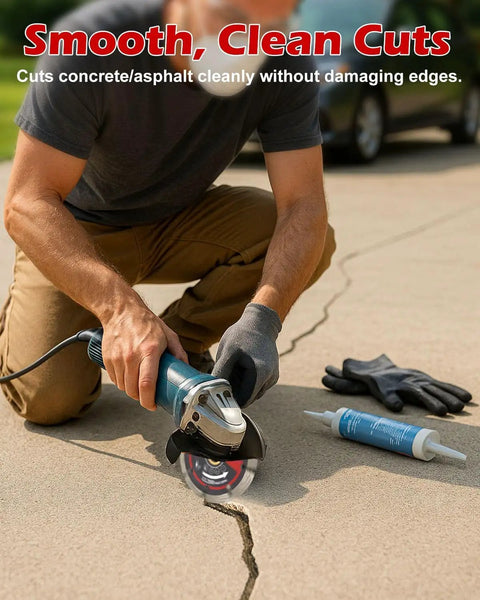 Heavy Duty Diamond Crack Chaser Blade For Concrete Repair Work Built Tough To Chew Through Pavement On Any Standard 4 5 Inch Angle Grinder Featuring A Secure 7 8 Inch Arbor And A Razor Sharp Cut in use on cracked concrete.
