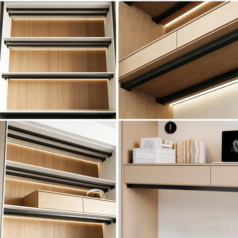 Heavy Duty Universal Shelf Brackets With Adjustable Support Poles For Countertops Quick Install Anti Shake System Reinforces Cabinets Built Like A Tank Finish For Kitchen Closet Living Room Straight Up Reliable Fix 5 Point 4 Feet 10 Pack mounted under wooden shelves with lighting.