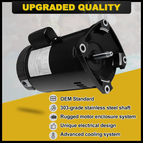 Beefy 1.5 HP Pool Pump Motor Single Speed Square Flange Direct Replacement Fits Pentair Whisperflo StaRite AOSmith models with stainless steel shaft.