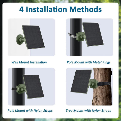 4 installation methods for Heavy Duty 5W Solar Panel For Trail Cameras with wall, pole, and tree mounts.