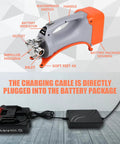 Cordless 18V Water Transfer Sump Pump Kit with charging cable plugged into battery, showing components and features.