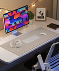 Beige PU Leather Desk Pad Protector And Mouse Pad Large 31.5 By 15.7 Inch Non Slip Waterproof Desk Mat on desk with monitor
