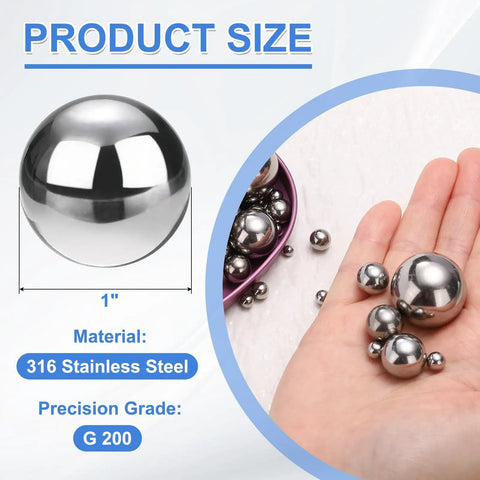 Six Piece 1 Inch G200 Precision 304 Stainless Steel Bearing Balls Built Like A Tank Heavy Duty Grade, showing size and material details.