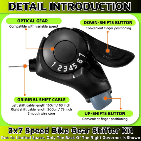 7 Speed Thumb Gear Shifter Set 3x7 for Road City Mountain Bikes TX30 Lever Universal Gear Shifter close-up with labels