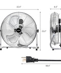 Front and side view of Beastly 20 Inch High Velocity Metal Floor Fan for Home and Industrial Use with dimensions and power cord shown.