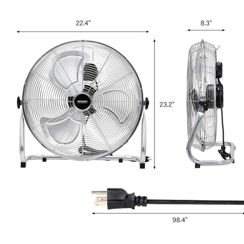 Front and side view of Beastly 20 Inch High Velocity Metal Floor Fan for Home and Industrial Use with dimensions and power cord shown.