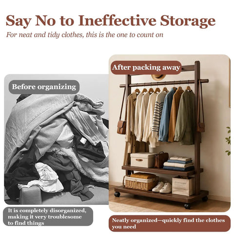Heavy Duty Bamboo Rolling Clothing Rack With Wheels And Storage Shelves Hella Sturdy Garment Stand Featuring Five Durable Hooks For Versatile Decor organized with clothes and accessories.