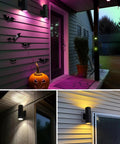 Exterior Up Down Outdoor Wall Lights With Remote Control RGB Color Changing 1200 Lumen Warm White 3000K RGB CCT Cylinder Outdoor LED Lighting 2 Pack Weatherproof IP65 Rated For Outdoor Use illuminating a home entryway.