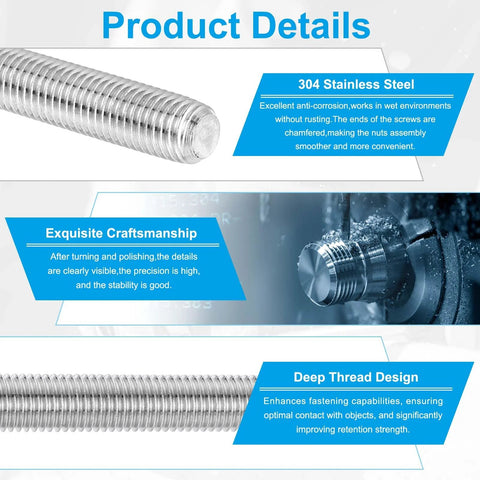 PATIKIL 304 stainless steel fully threaded rod, 2 pcs, 15.7 in long, right-hand threads for anchors, clamps, hangers