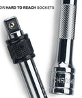 Close-up of Three Eighths Inch Drive Locking Extension Bar Set in chrome vanadium steel, highlighting locking mechanism and textured grip.
