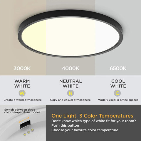 3 In One Dimmable Flush Mount LED Ceiling Light 3000K 4000K 6500K Black Finish 15.8 Inch 24W Equivalent with color temp modes