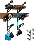 Heavy Duty Metal Skateboard Rack Wall Mount With Curved Hooks For Longboards Snowboards And Skis Dope Sports Gear Storage Holder for two skateboards and safety gear in blue and black design.
