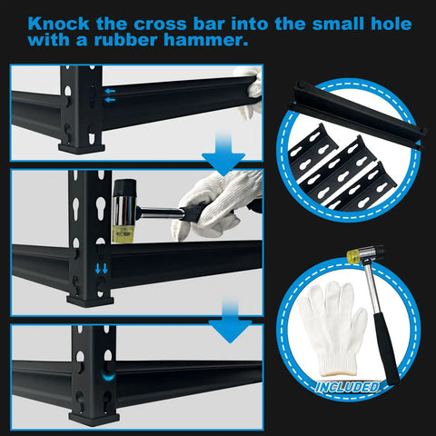 Heavy Duty Five Tier Metal Shelving Unit 1650 Pound Capacity Adjustable Layers For Garage Basement Kitchen Or Warehouse assembly instructions with rubber hammer and gloves included.