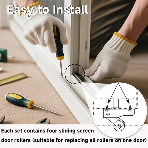 Person installing Pack Of Four Steel Sliding Screen Door Rollers Replacement Kit For Patio And Garage Doors with tools.