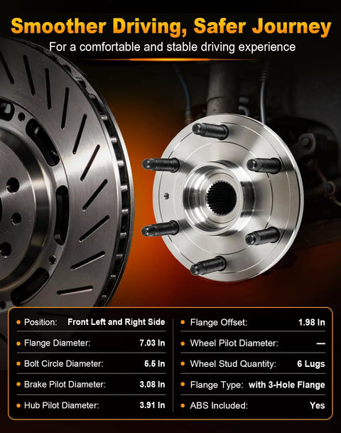 Heavy Duty Front Wheel Hub And Bearing Assembly Replacement For Chevrolet Silverado Tahoe Suburban And Gmc Sierra Yukon Six Lug With Abs Slick Setup Built Tough As Nails For Daily Commuting Or Gnarly Off Road Adventures With A Snug Fit, showing flange and brake details.