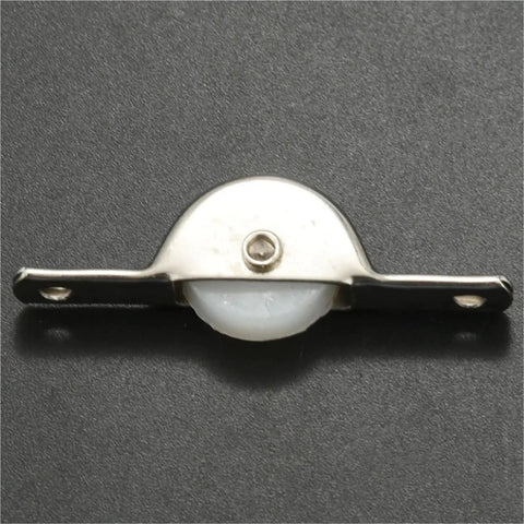 Top Shelf Nylon Roller Wheels For Hassle Free Sliding Doors Drawers And Storage Cupboards Heavy Duty Flanged Track Casters Quiet Self Lubricating Bearings Furniture Hardware 10 Piece Set close-up view of a single nylon roller wheel with metal flanges.