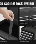 Top cabinet lock system of Boss Level Shop Storage Roll This Five Drawer Tool Chest Straight To Your Garage With A Snazzy Detachable Top Box And Heavy Duty Black Finish For Seamless Rolling.