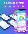 50 Ft Bluetooth RGB LED Strip Lights With SMD5050 Chips, Music Sync, shown with smart app control on smartphone screen