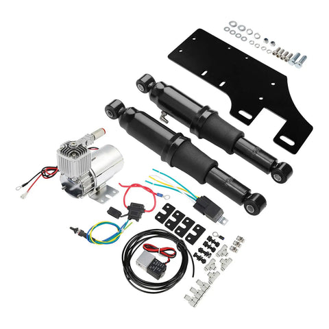 Transform Your Harley With Sick Air Ride Suspension Kit Touring 1994-2025 Adjustable Shocks with complete components in black.
