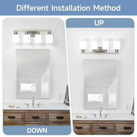 Four Light Brushed Nickel Vanity Light With Square Frosted Glass Modern Bathroom Wall Fixture Over Mirror installation options