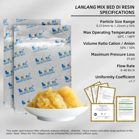 Lanlang mixed bed DI resin packets and specifications for Deionized Water Filtration System For Car Wash With 10L Mixed Bed Resin, Spotless Rinse Filter With Bypass Outlet, Perfect For Cars, RVs, Motorcycles, And Solar Washing.