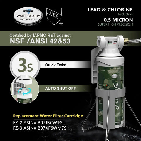 Top Shelf Rv Water Filter Inline Hose Filter With Nsf Certification 0.5 Micron Composite Carbon Block, showing quick twist feature and auto shut off.