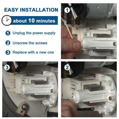 Dishwasher drain pump assembly, white plastic, shown during installation with mounting screws