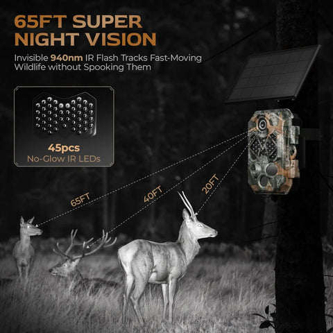 4K 64MP Solar Trail Camera With Massive 10000mAh Battery And Instant WiFi Bluetooth Hunting Cam showcasing night vision and wildlife.