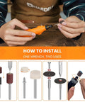 Heavy Duty 508 Piece Rotary Tool Accessory Kit showing installation steps for quick change collet and various accessories.