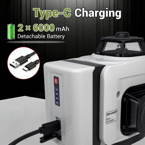 Close-up of Green Laser Level With Self Leveling One Horizontal 360 Degree Plane And Two Vertical 360 Degree Planes Pro Grade High Brightness Green Laser For Picture Hanging And Layout Magnetic Stand Rechargeable Batteries Hard Case Included showing USB-C charging port and cable.