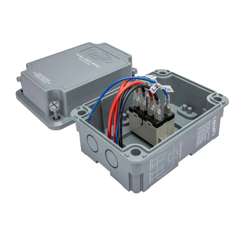 2 HP Irrigation Pump Start Relay for Sprinkler Controllers with open weatherproof ABS enclosure, showing internal wiring for 24 VAC systems.