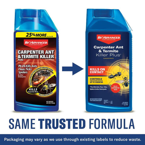 Carpenter Ant And Termite Killer Plus Concentrate For Outdoor Insect Control Kills On Contact Termites Carpenter Ants And 75 Plus Listed Pests Up To 3 Months Protection Covers Up To 21,000 Square Feet 40 Oz Bottle in blue packaging showing formula update