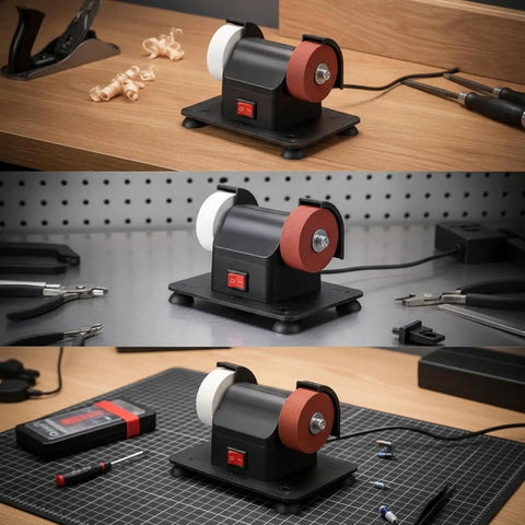 Compact Bench Top Grinder With Rock Solid Base Dual Sharpening Wheels on workbench, ideal for garage grind or light industry tasks.