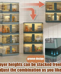 Foldable Plastic Premium Storage Bins With Secure Snap Lids And Rollable Wheels stacked neatly against a tiled wall.