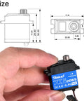 7Kg Beefed Up High Torque Digital Micro RC Servo For Crawlers 8.4V shown with measurements and hand for scale
