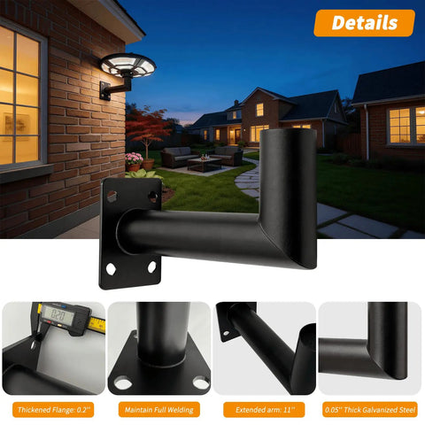 Ninety Degree Outdoor Wall Mount Bracket With Eleven Inch Extension For Heavy Duty Galvanized L Shaped Mount Kit, Two And Three Eighths Inch Tenon Adapter For Pole Lights, Zero Point Two Inch Steel Flange, Extra Clearance For Large Post Lantern Heads