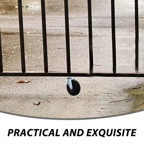 Tough As Nails Professional Grade Spring Loaded Gate Caster Wheels close-up under a gate showing rubber roller and bracket.