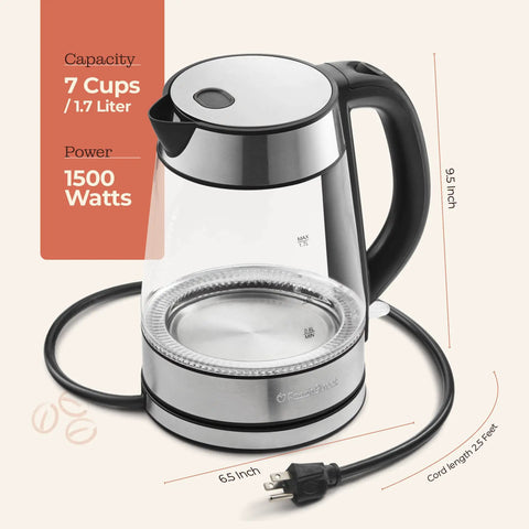 Fast Boil Electric Kettle For Coffee And Tea 1.7L Water Boiler 1500W Borosilicate Glass with Cool Touch Handle and LED Light